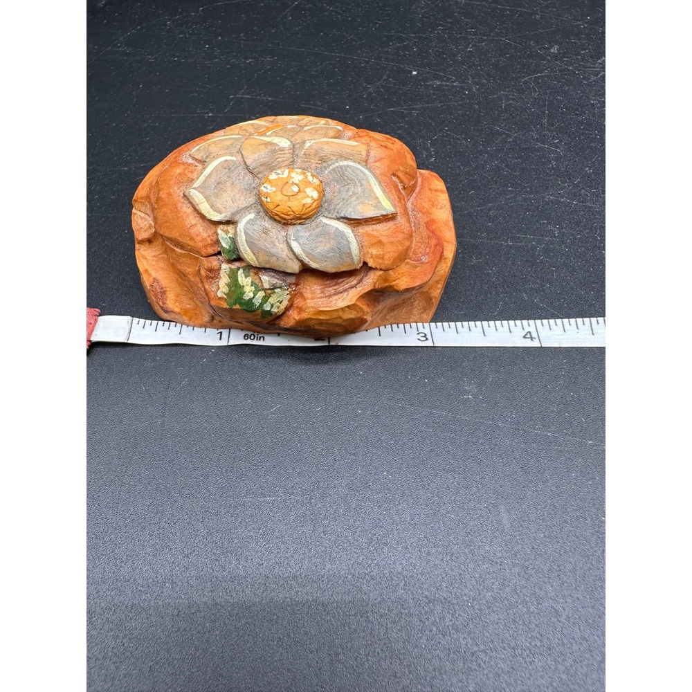 Hand Carved Pasque Flower Wood Trinket Box Alaska Folk Art B. Chrome